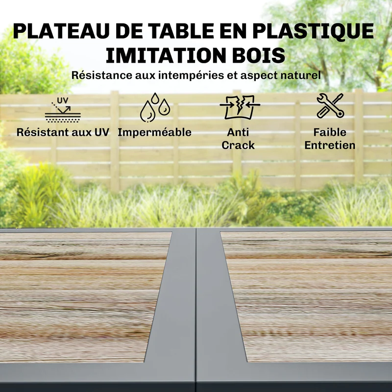 Salon de jardin ensemble repas 140 x 80 x 72 cm chaises empilables assise aérée style contemporain en acier gris foncé 21_0005744