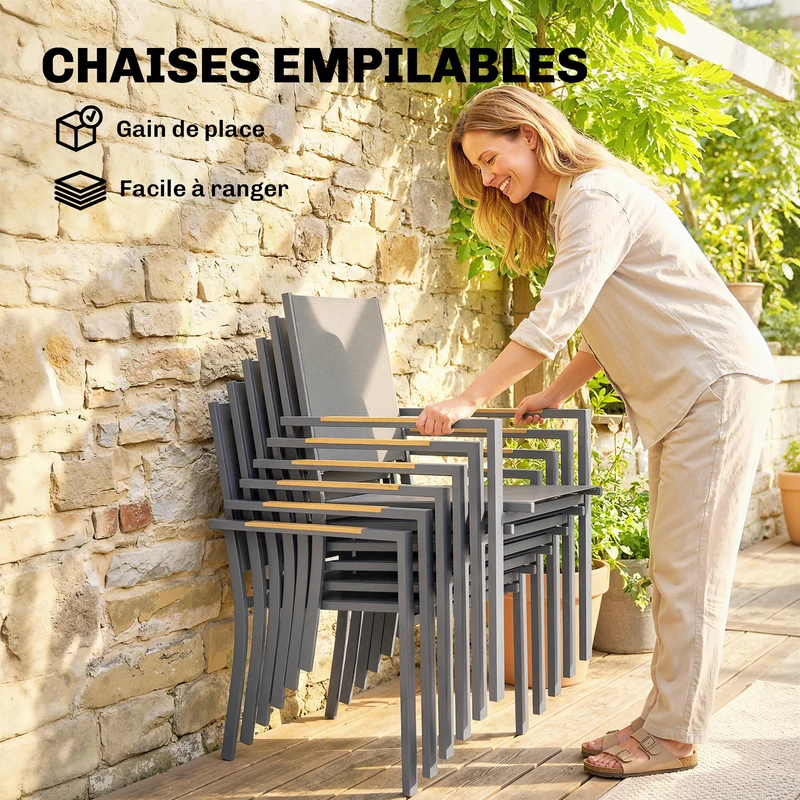 Salon de jardin ensemble repas 140 x 80 x 72 cm chaises empilables assise aérée style contemporain en acier gris foncé 21_0005744