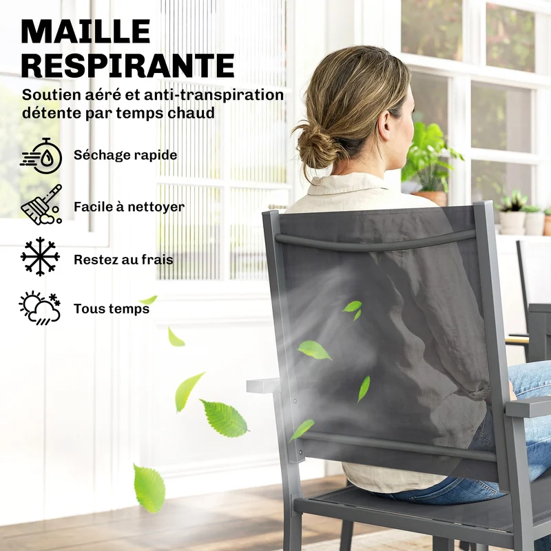 Salon de jardin ensemble repas 140 x 80 x 72 cm chaises empilables assise aérée style contemporain en acier gris foncé 21_0005744