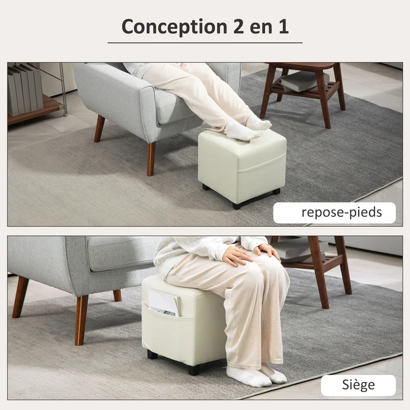 Repose pied pouf rembourré salon 35 x 35 x 35 cm poche latérale utile assise confortable scandinave en polyester crème 21_0002960