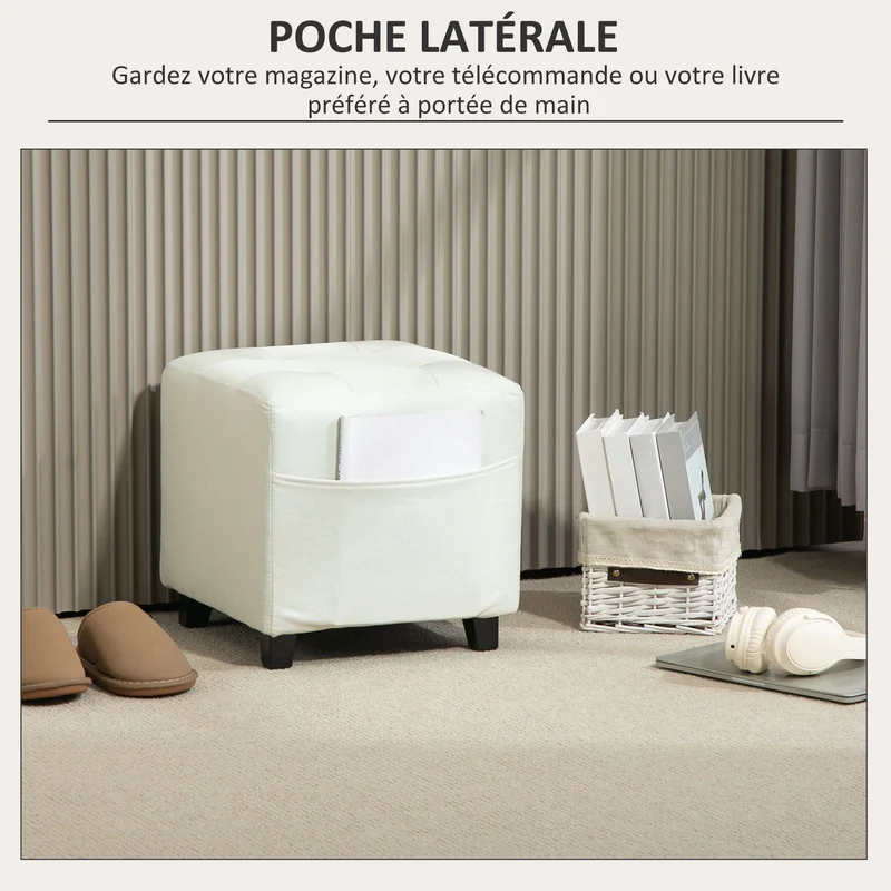 Repose pied pouf rembourré salon 35 x 35 x 35 cm poche latérale utile assise confortable scandinave en polyester crème 21_0002960