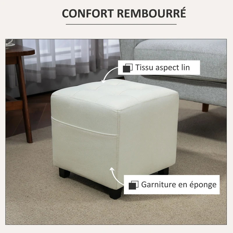 Repose pied pouf rembourré salon 35 x 35 x 35 cm poche latérale utile assise confortable scandinave en polyester crème 21_0002960