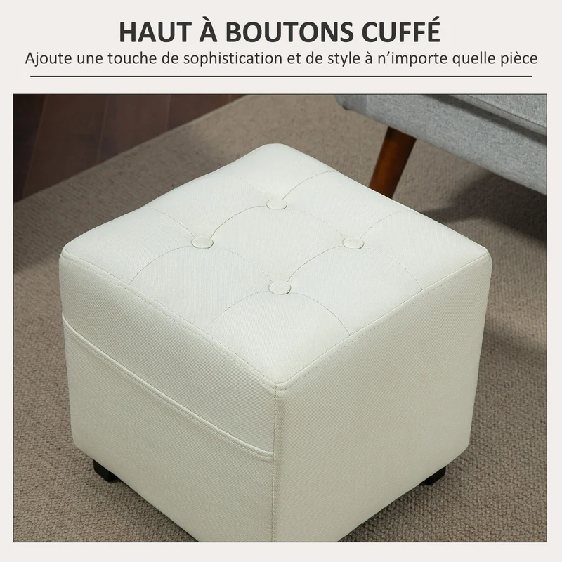 Repose pied pouf rembourré salon 35 x 35 x 35 cm poche latérale utile assise confortable scandinave en polyester crème 21_0002960