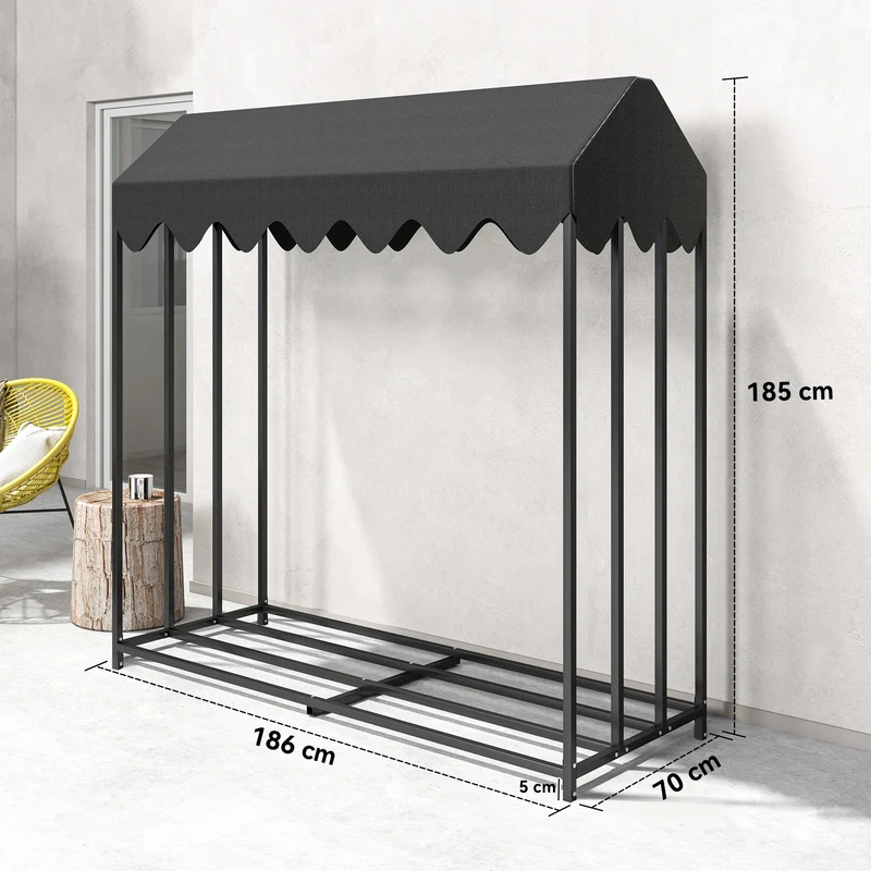 Range bûches extérieur 186 x 70 x 185 cm toit étanche base surélevée finition mate industriel moderne en acier noir 21_0003915