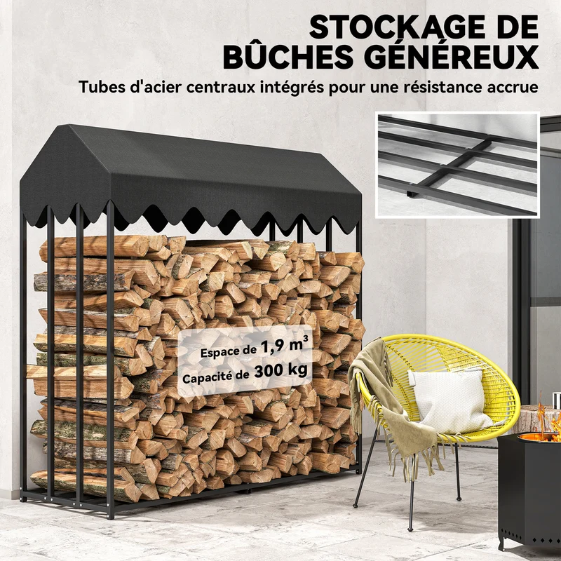 Range bûches extérieur 186 x 70 x 185 cm toit étanche base surélevée finition mate industriel moderne en acier noir 21_0003915