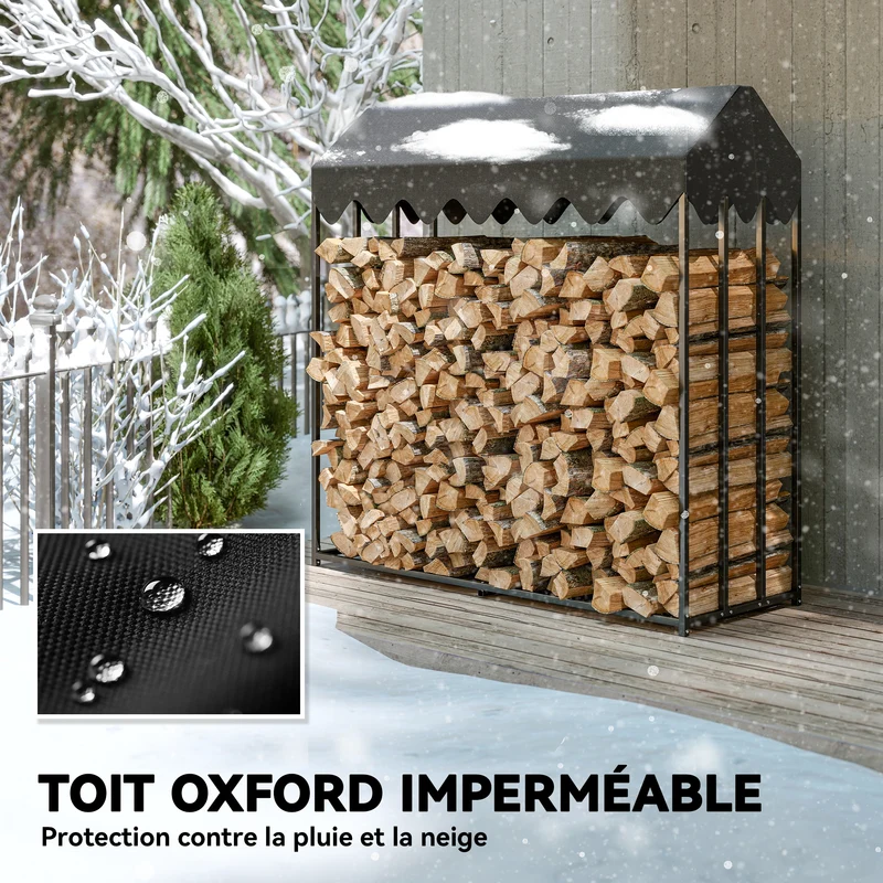 Range bûches extérieur 186 x 70 x 185 cm toit étanche base surélevée finition mate industriel moderne en acier noir 21_0003915
