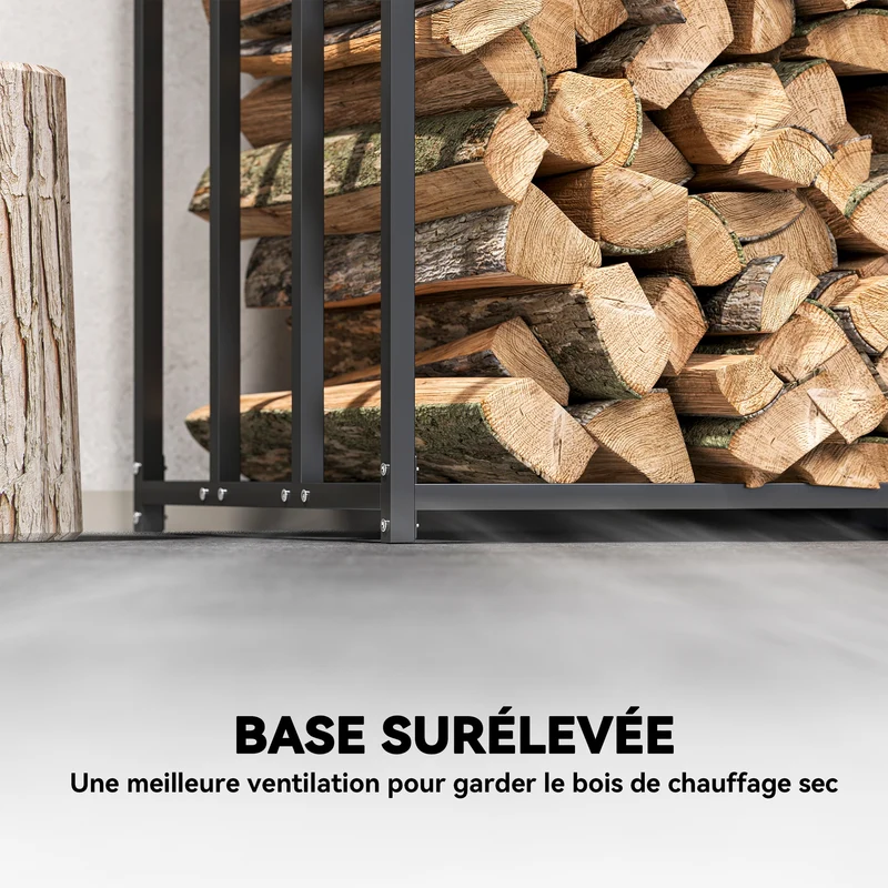 Range bûches extérieur 186 x 70 x 185 cm toit étanche base surélevée finition mate industriel moderne en acier noir 21_0003915