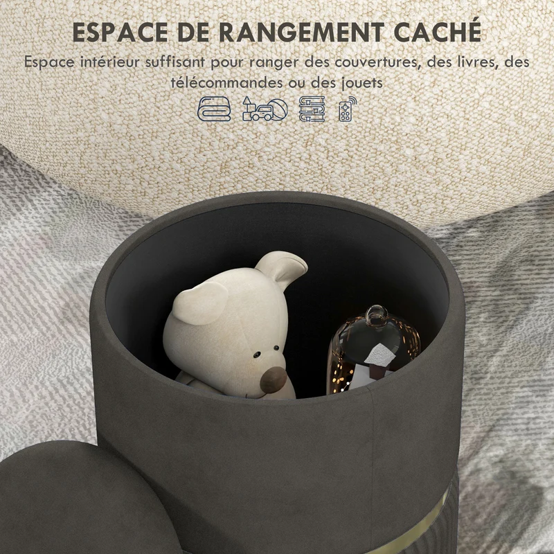 Pouf coffre rond assise d'appoint 36 x 36 x 44 cm rangement intégré confort mousse style scandinave en velours gris 21_0002931