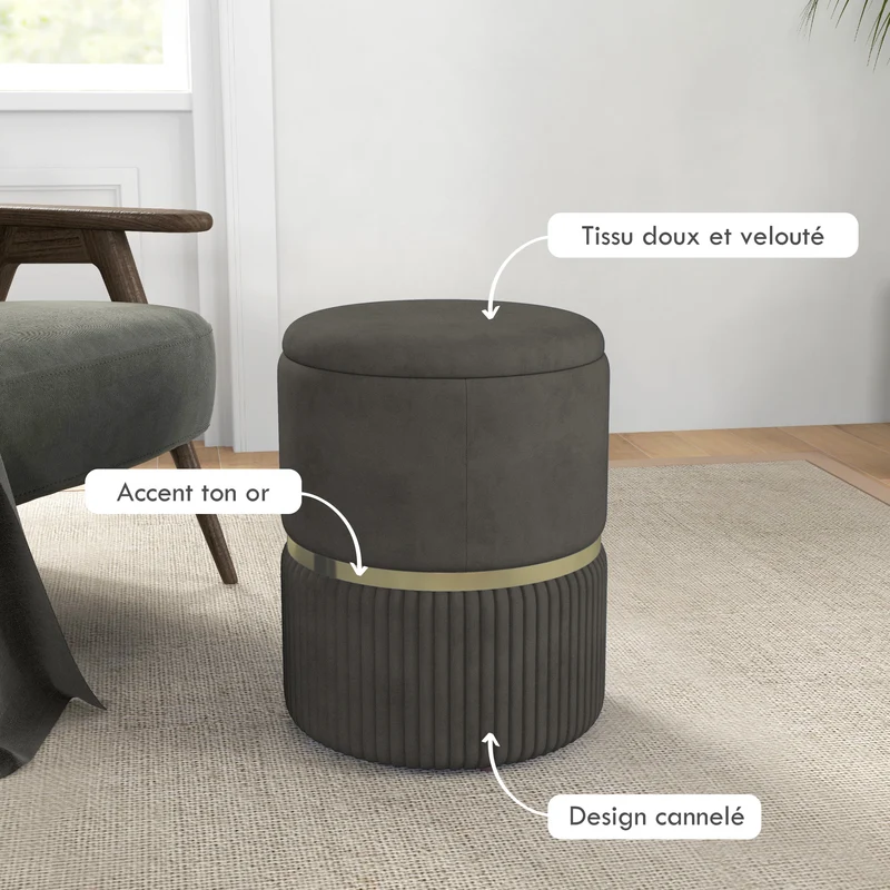 Pouf coffre rond assise d'appoint 36 x 36 x 44 cm rangement intégré confort mousse style scandinave en velours gris 21_0002931