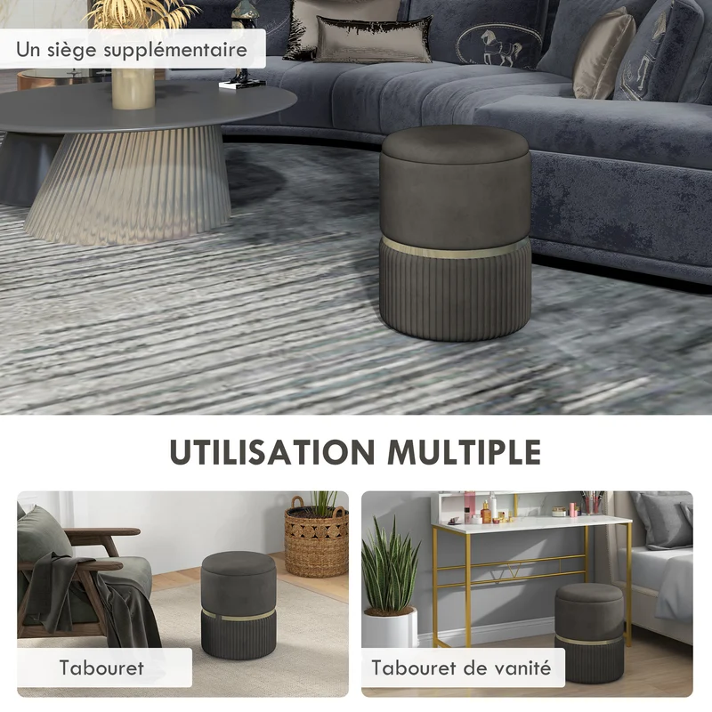 Pouf coffre rond assise d'appoint 36 x 36 x 44 cm rangement intégré confort mousse style scandinave en velours gris 21_0002931