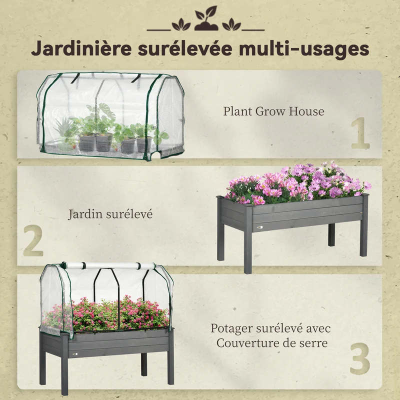 Potager surélevé 121 x 55 x 117 cm barrière anti nuisibles drainage efficace rustique contemporain en bois gris foncé 21_0004151