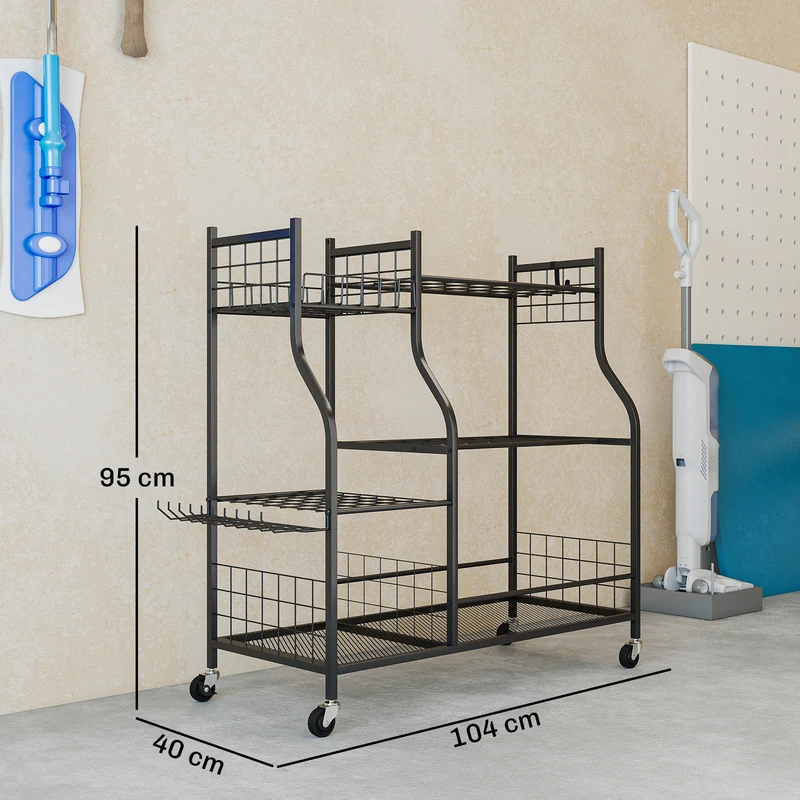 Porte-outils de jardin 104 x 40 x 95 cm rangement 32 emplacements 11 crochets sur 4 roues épuré industriel en acier noir 21_0005665