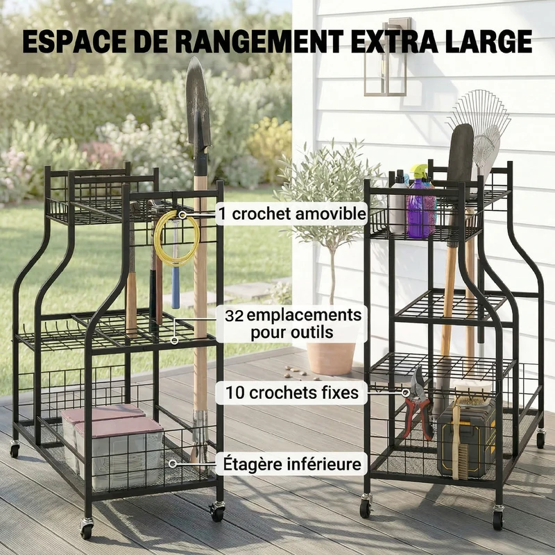 Porte-outils de jardin 104 x 40 x 95 cm rangement 32 emplacements 11 crochets sur 4 roues épuré industriel en acier noir 21_0005665