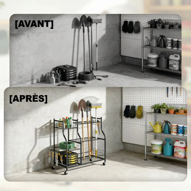 Porte-outils de jardin 104 x 40 x 95 cm rangement 32 emplacements 11 crochets sur 4 roues épuré industriel en acier noir 21_0005665
