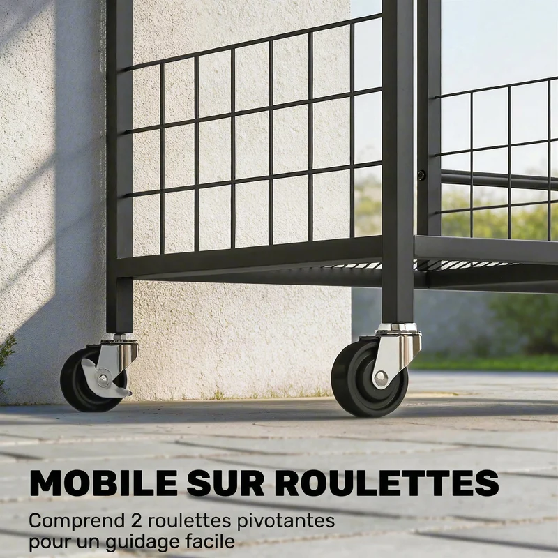 Porte-outils de jardin 104 x 40 x 95 cm rangement 32 emplacements 11 crochets sur 4 roues épuré industriel en acier noir 21_0005665