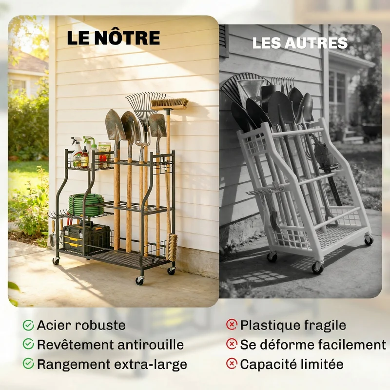 Porte-outils de jardin 104 x 40 x 95 cm rangement 32 emplacements 11 crochets sur 4 roues épuré industriel en acier noir 21_0005665