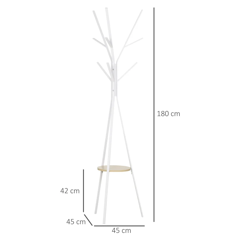 Porte-manteau trépied branche entrée 45 x 45 x 180 cm neuf patères étagère ronde pratique contemporain en métal blanc 21_0001418