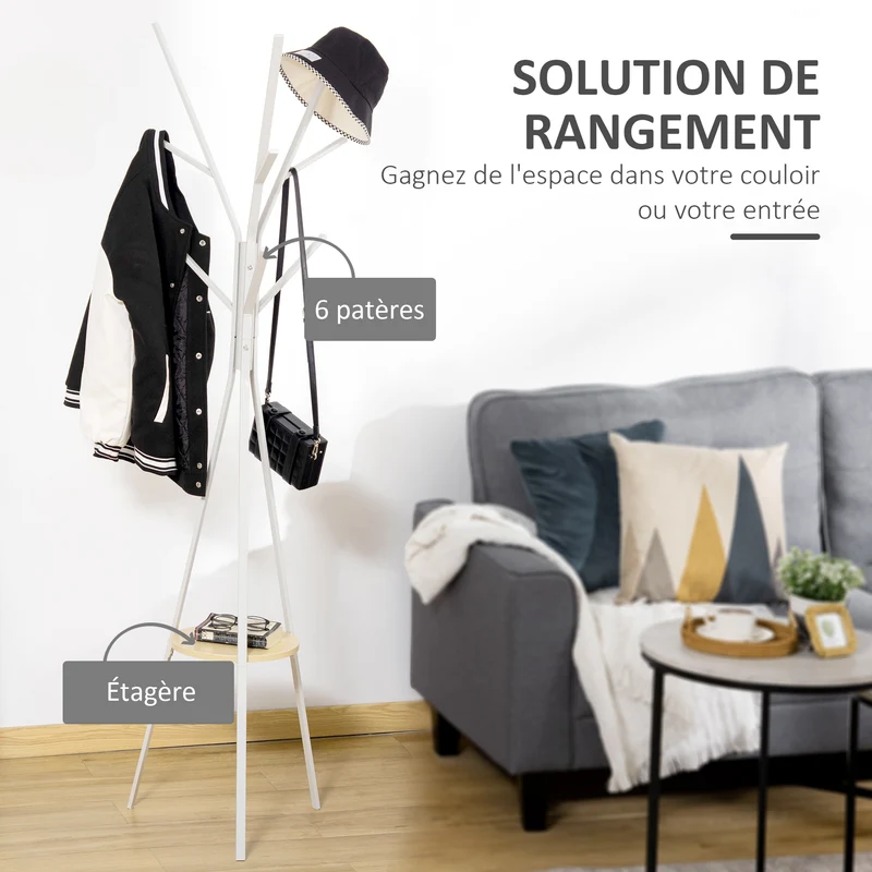 Porte-manteau trépied branche entrée 45 x 45 x 180 cm neuf patères étagère ronde pratique contemporain en métal blanc 21_0001418
