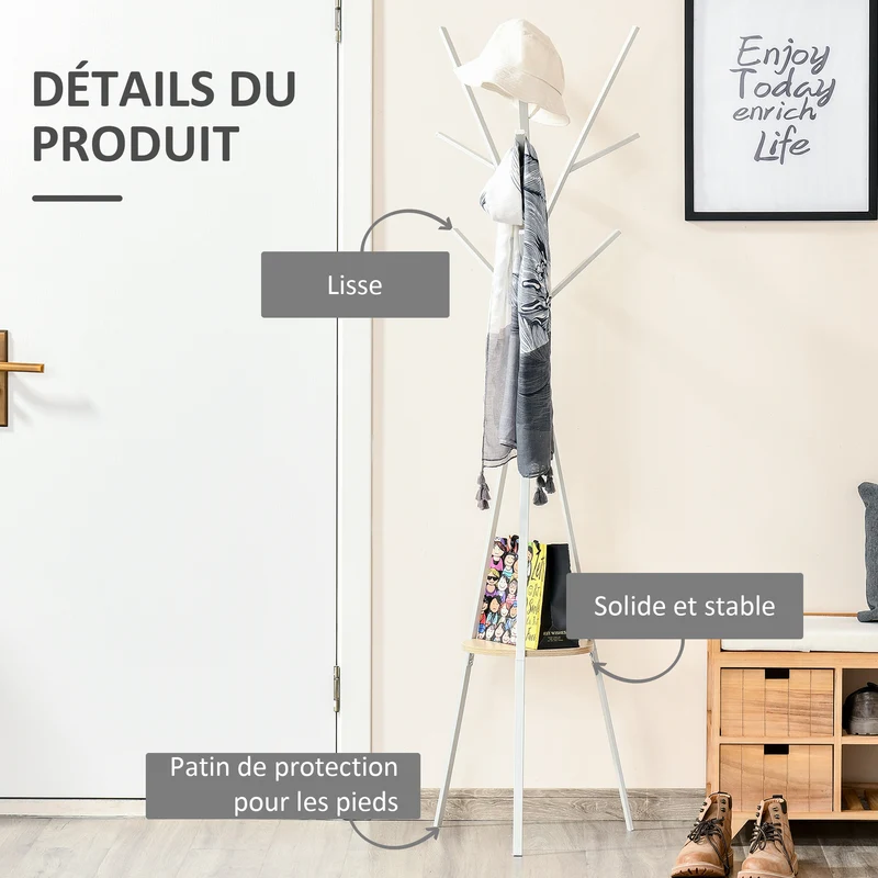 Porte-manteau trépied branche entrée 45 x 45 x 180 cm neuf patères étagère ronde pratique contemporain en métal blanc 21_0001418