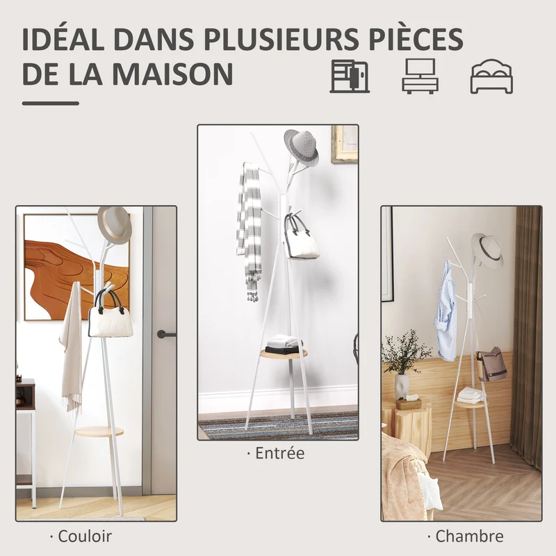Porte-manteau trépied branche entrée 45 x 45 x 180 cm neuf patères étagère ronde pratique contemporain en métal blanc 21_0001418