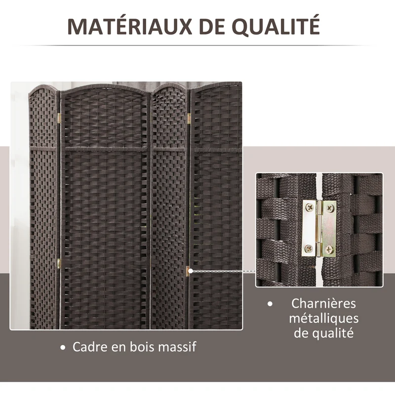 Paravent pliable 240 x 1.6 x 170 cm séparateur d'intimité 6 panneaux charnières métal design scandinave en PP marron 21_0001326