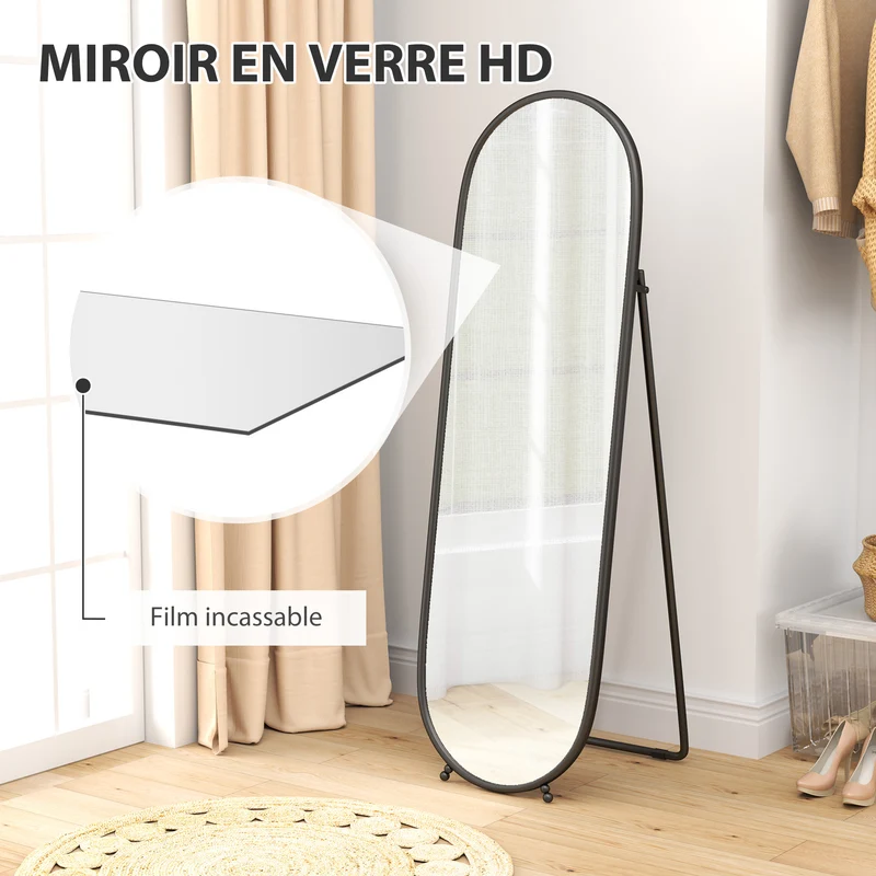 Miroir sur pied ovale pleine longueur chambre dressing 40 x 4 x 160 cm sécurité autoportant contemporain en métal noir 21_0001609