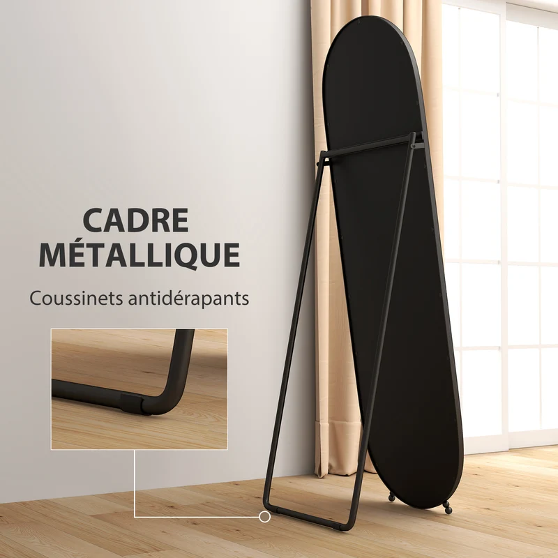 Miroir sur pied ovale pleine longueur chambre dressing 40 x 4 x 160 cm sécurité autoportant contemporain en métal noir 21_0001609