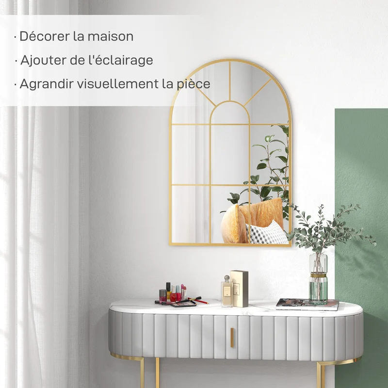 Miroir mural forme voûtée verrière 91 x 60 cm agrandit et éclaire fixation facile verre 3mm industriel en métal doré 21_0001255