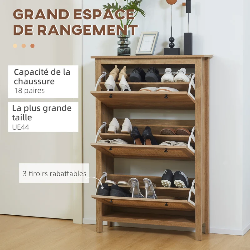 Meuble à chaussures entrée 80 x 23.5 x 121.5 cm 18 paires compact vintage effet cannage en panneau de particules naturel 21_0002655