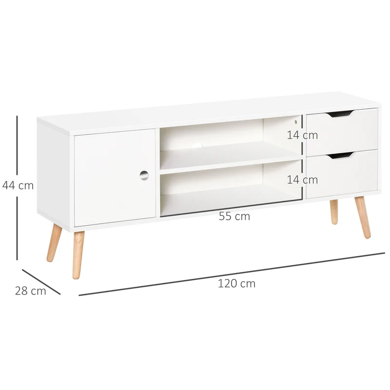 Meuble tv bas salon chambre 120 x 28 x 44 cm rangements 2 niches 2 tiroirs passe-fil scandinave design en bois blanc 21_0001835