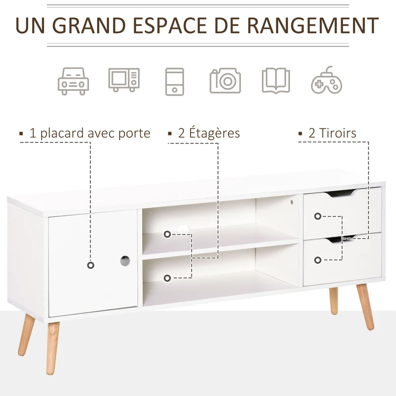 Meuble tv bas salon chambre 120 x 28 x 44 cm rangements 2 niches 2 tiroirs passe-fil scandinave design en bois blanc 21_0001835