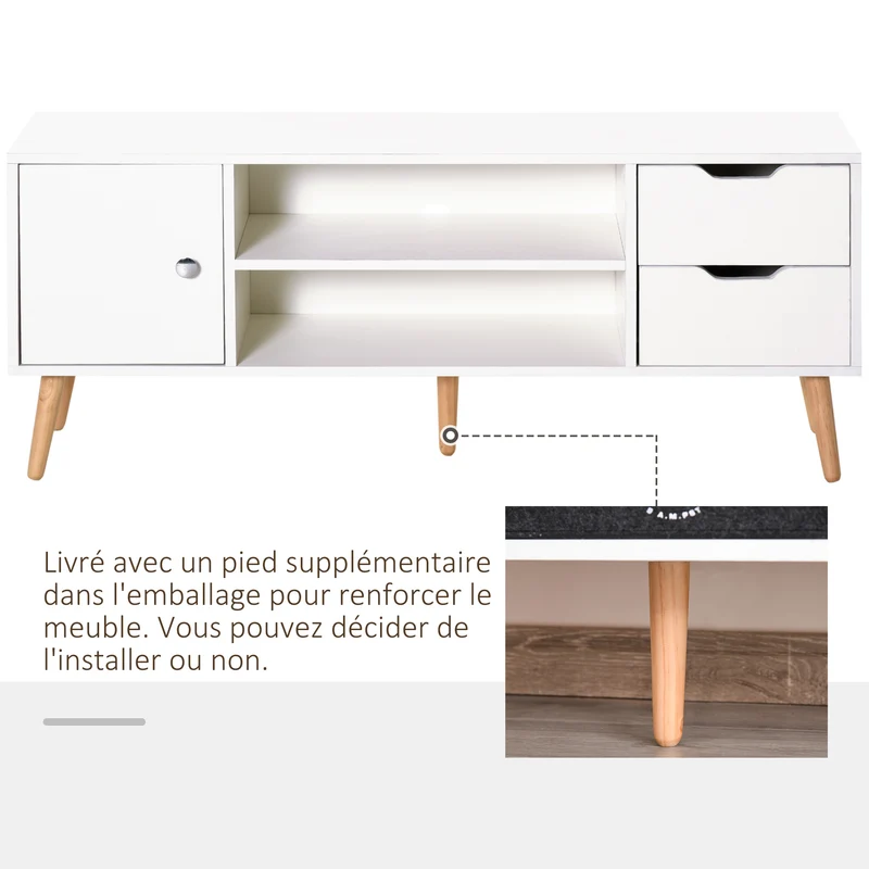 Meuble tv bas salon chambre 120 x 28 x 44 cm rangements 2 niches 2 tiroirs passe-fil scandinave design en bois blanc 21_0001835