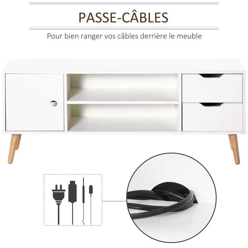 Meuble tv bas salon chambre 120 x 28 x 44 cm rangements 2 niches 2 tiroirs passe-fil scandinave design en bois blanc 21_0001835