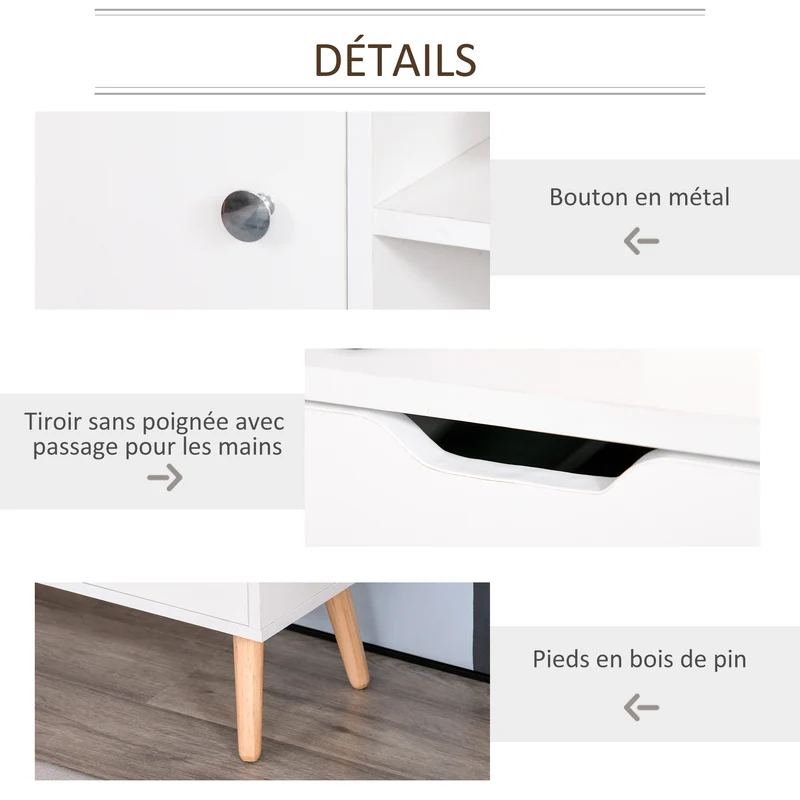 Meuble tv bas salon chambre 120 x 28 x 44 cm rangements 2 niches 2 tiroirs passe-fil scandinave design en bois blanc 21_0001835