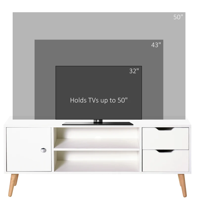 Meuble tv bas salon chambre 120 x 28 x 44 cm rangements 2 niches 2 tiroirs passe-fil scandinave design en bois blanc 21_0001835