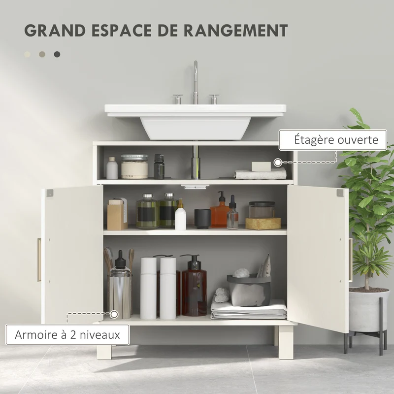 Meuble sous lavabo salle de bain 60 x 30 x 63 cm étagère réglable compact moderne épuré en panneau de particules crème 21_0002038