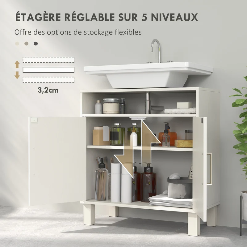 Meuble sous lavabo salle de bain 60 x 30 x 63 cm étagère réglable compact moderne épuré en panneau de particules crème 21_0002038