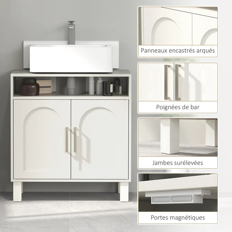 Meuble sous lavabo salle de bain 60 x 30 x 63 cm étagère réglable compact moderne épuré en panneau de particules crème 21_0002038