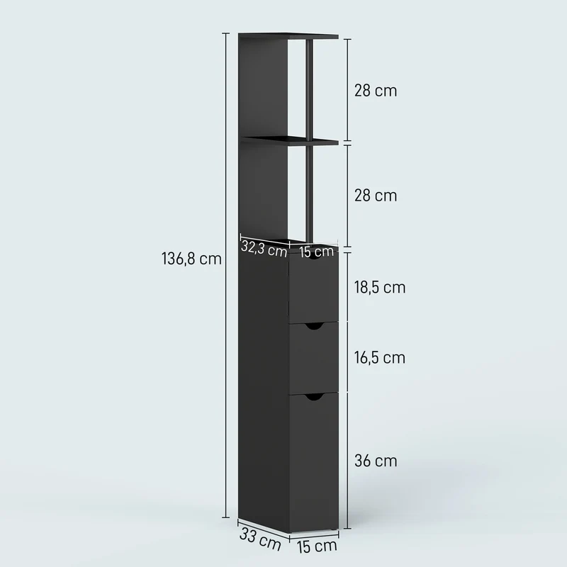 Meuble colonne salle de bain 15 x 33 x 136,8 cm élancé tiroirs étagères anti-basculement contemporain épuré en MDF noir 21_0001847