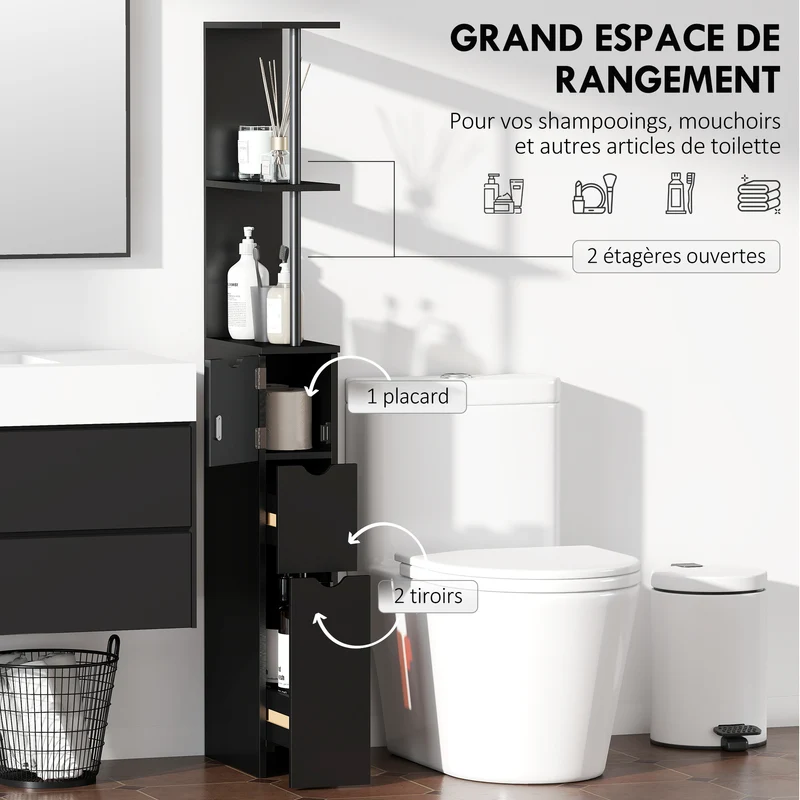 Meuble colonne salle de bain 15 x 33 x 136,8 cm élancé tiroirs étagères anti-basculement contemporain épuré en MDF noir 21_0001847