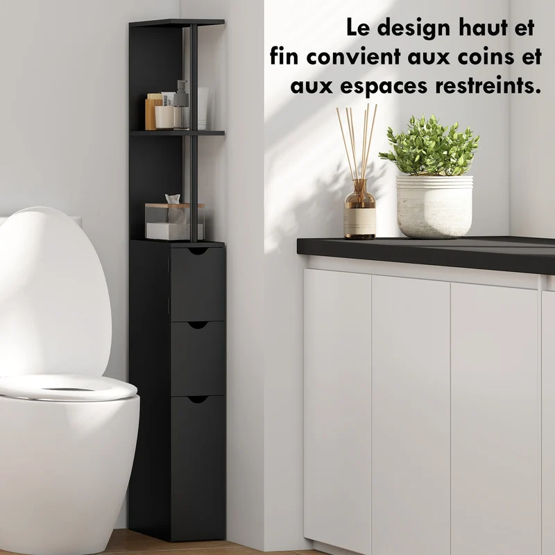 Meuble colonne salle de bain 15 x 33 x 136,8 cm élancé tiroirs étagères anti-basculement contemporain épuré en MDF noir 21_0001847