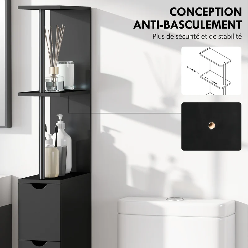 Meuble colonne salle de bain 15 x 33 x 136,8 cm élancé tiroirs étagères anti-basculement contemporain épuré en MDF noir 21_0001847