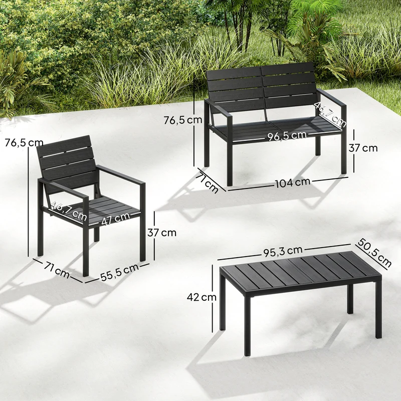 Lot de 4 salon de jardin canapé 2 places 104 x 71 x 76,5 cm lattes résistant intempéries design en polyéthylène noir 21_0005762