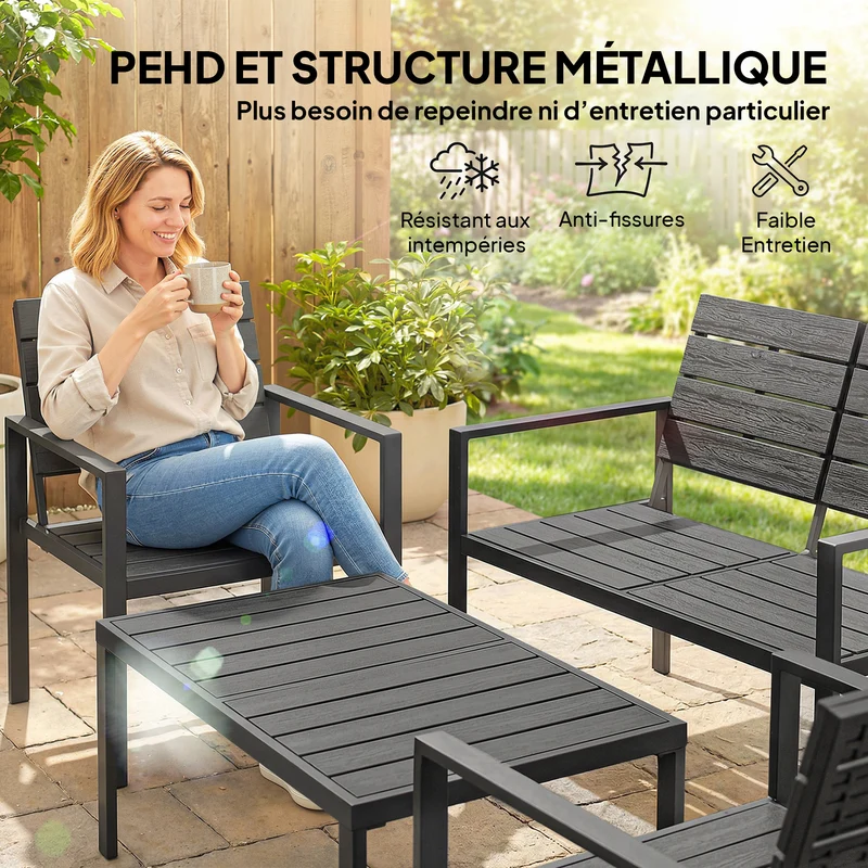 Lot de 4 salon de jardin canapé 2 places 104 x 71 x 76,5 cm lattes résistant intempéries design en polyéthylène noir 21_0005762
