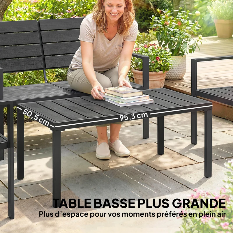 Lot de 4 salon de jardin canapé 2 places 104 x 71 x 76,5 cm lattes résistant intempéries design en polyéthylène noir 21_0005762