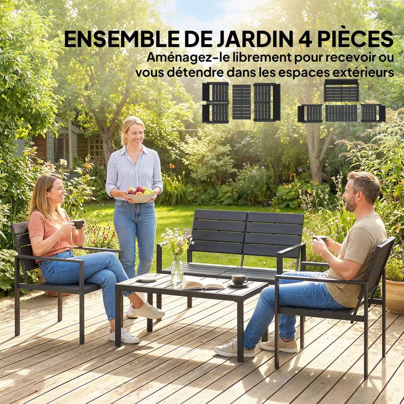 Lot de 4 salon de jardin canapé 2 places 104 x 71 x 76,5 cm lattes résistant intempéries design en polyéthylène noir 21_0005762