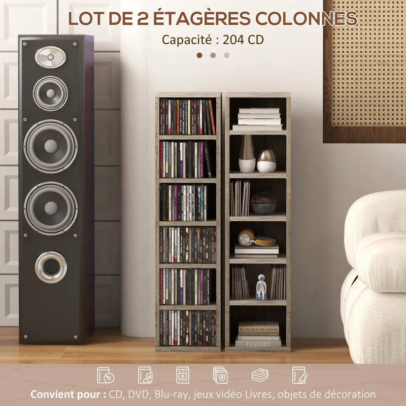 Lot de 2 étagères colonnes cd 21 x 22.5 x 88.5 cm 204 cd sécurisé épuré moderne en panneaux de particules gris foncé 21_0001799