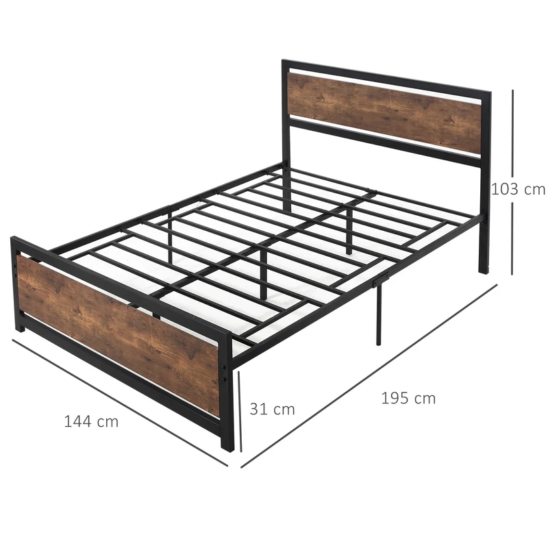 Lit double industriel 195 x 144 x 103 cm sommier inclus compatible matelas 190 x 140 cm design vintage en acier noir 21_0001491