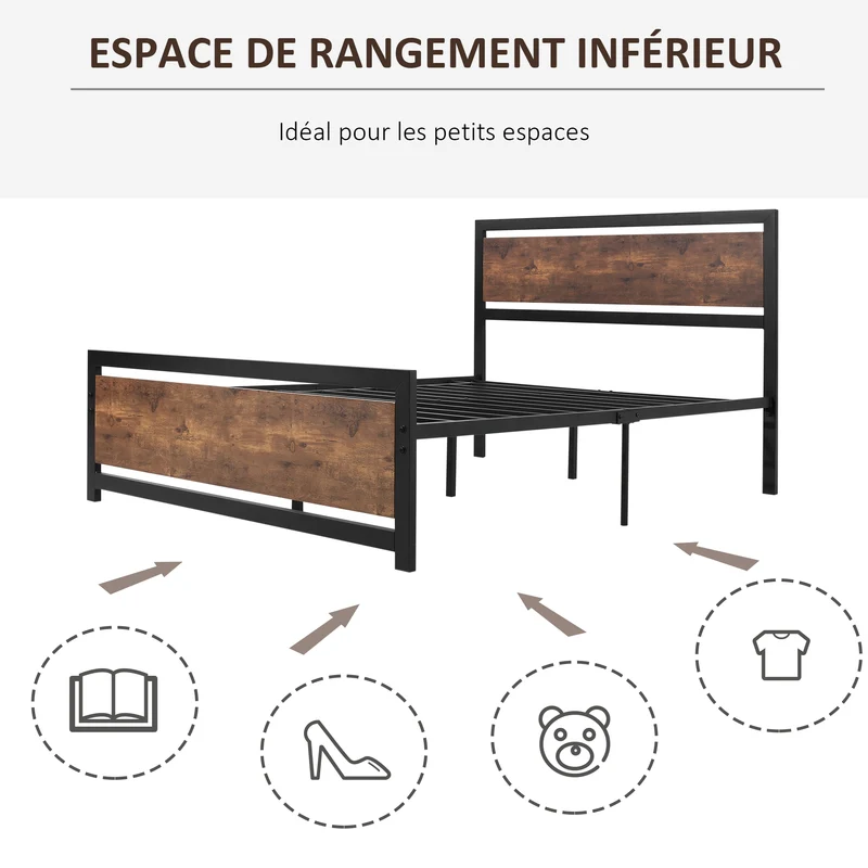 Lit double industriel 195 x 144 x 103 cm sommier inclus compatible matelas 190 x 140 cm design vintage en acier noir 21_0001491