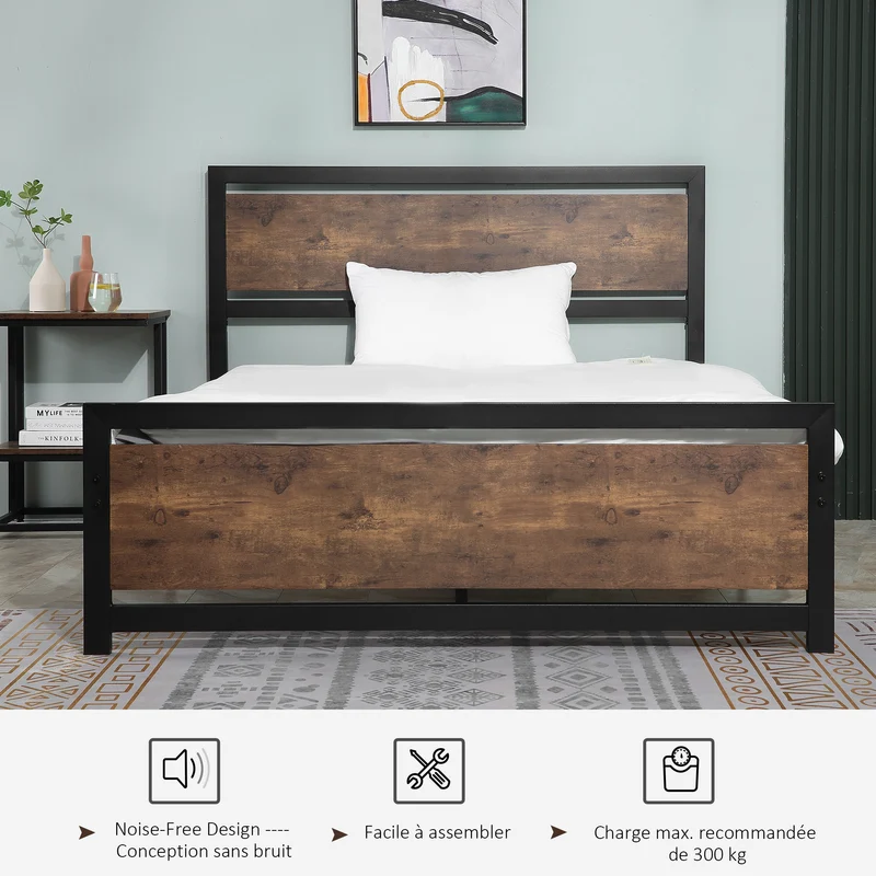 Lit double industriel 195 x 144 x 103 cm sommier inclus compatible matelas 190 x 140 cm design vintage en acier noir 21_0001491